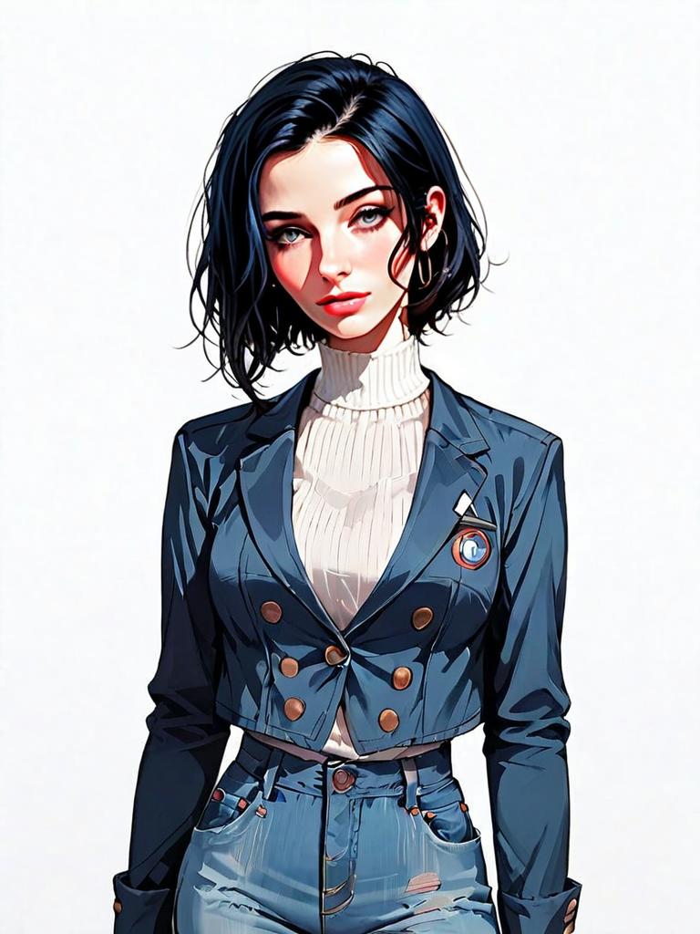 Realistic Comic Style Portrait of a Woman in Blue Cropped Blazer and Jeans