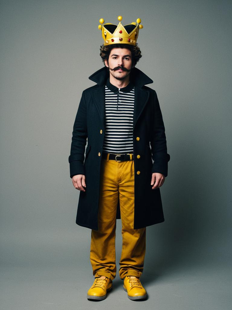 Outrageous Adult Costume Man Wearing Crown Coat and Yellow Pants