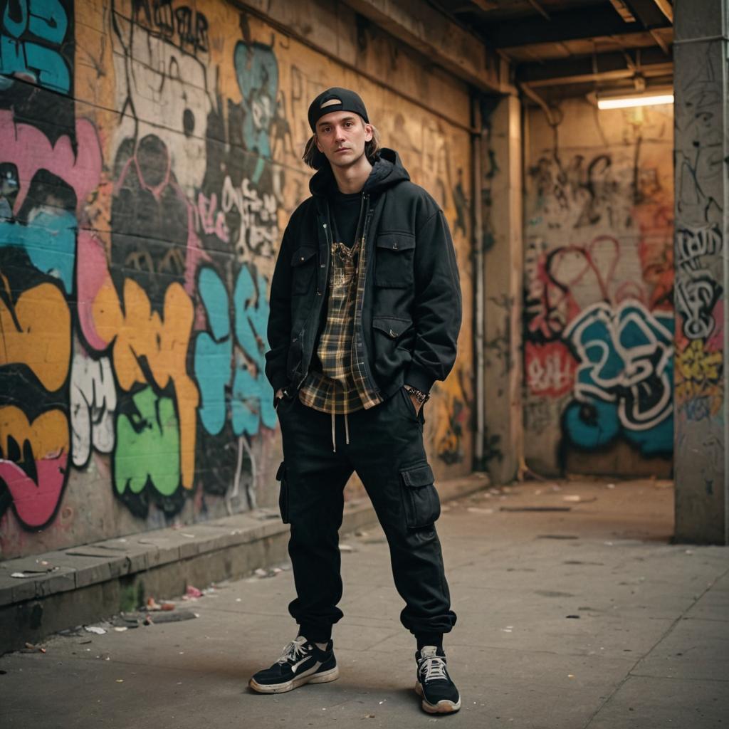 Confident Man in Streetwear Against Graffiti