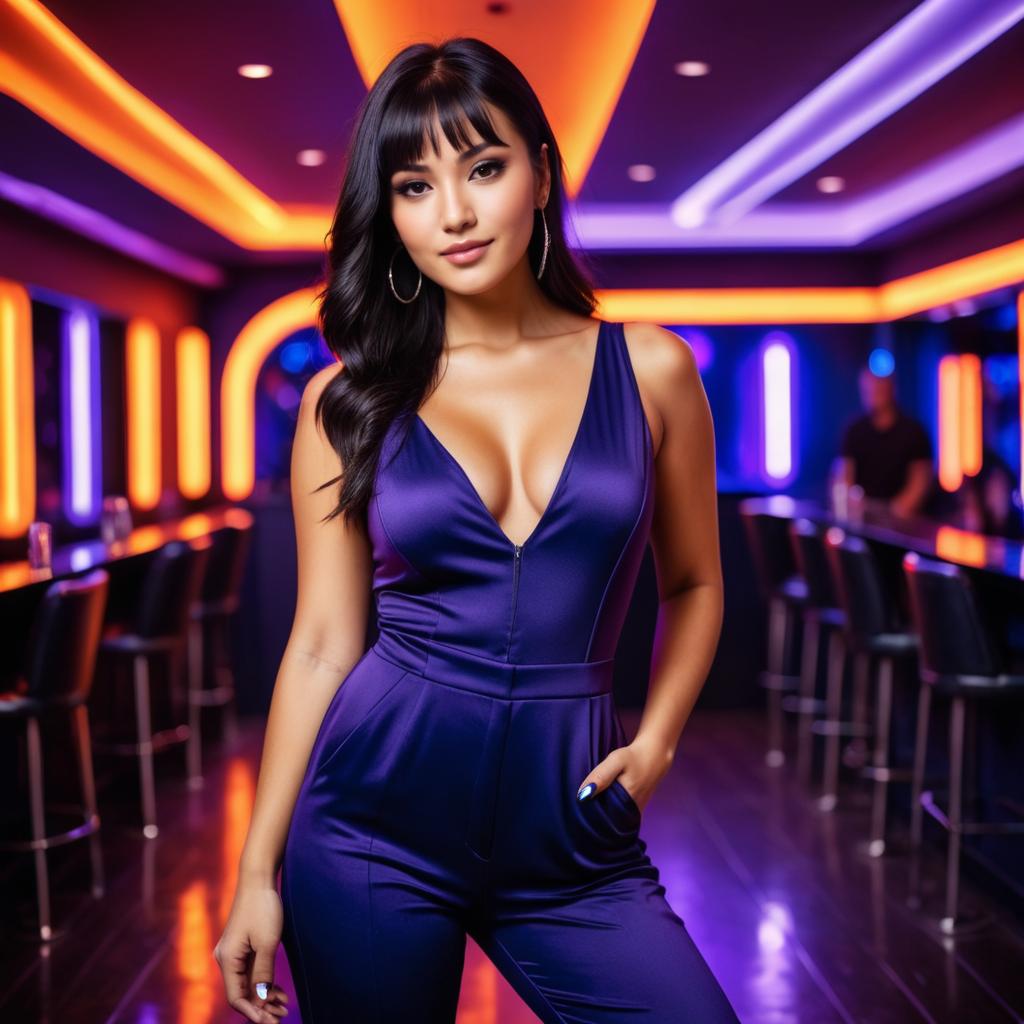 Confident Woman in Blue Jumpsuit at Neon-Lit Modern Bar