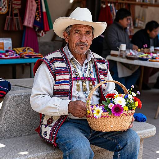 Elderly Man in Traditional Mexican Clothing Holding Flower Basket at Market