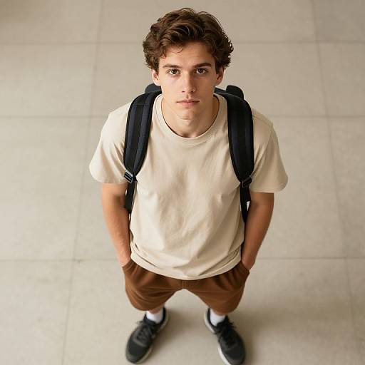 Young Man with Backpack Looking Up Casual Outfit