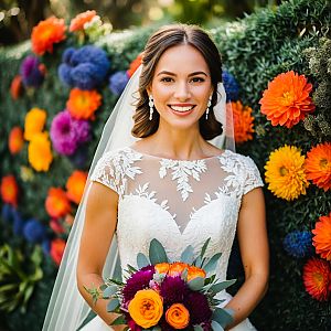 Joyful Bride with Floral Bouquet