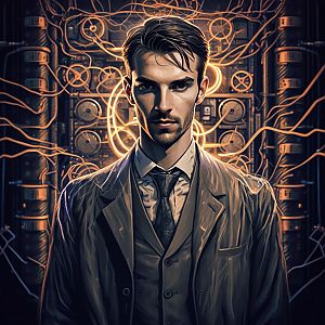 Confident Young Man in Steampunk Cyberpunk Setting