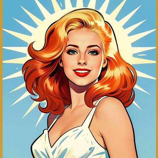 Pop Art Style Illustration of Woman with Orange Hair and Sunburst Background