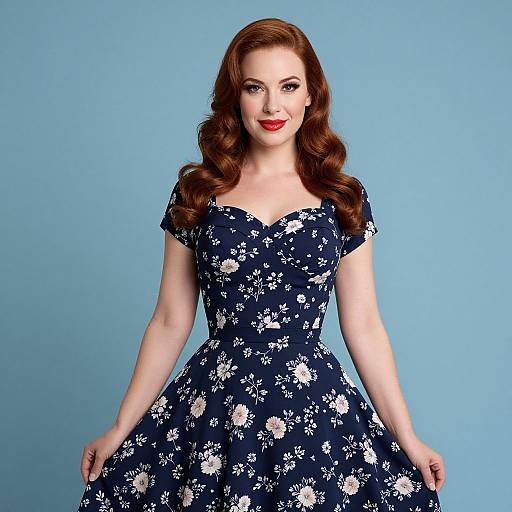 Vintage 1950s Style Floral Dress on Redhead Woman Blue Background