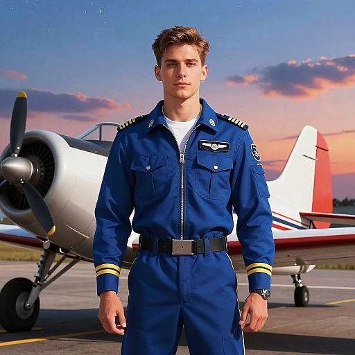 Young Pilot in Blue Uniform Standing by Propeller Airplane at Sunset