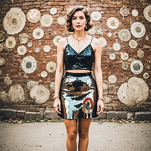 Confident Woman in Sequined Outfit Against Rustic Wall