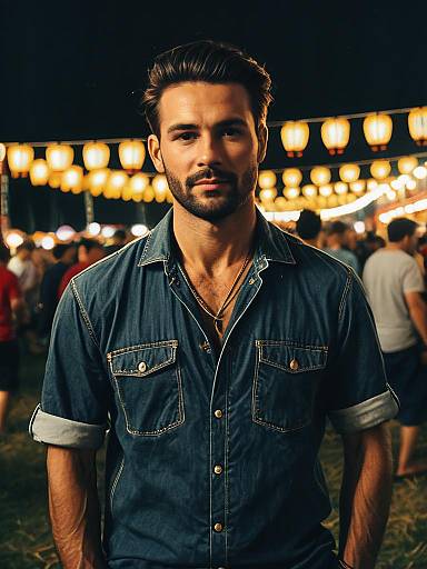 Man in Summer Casual Denim Costume at Summer Festival Portrait
