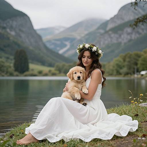 Woman in White Dress Holding Golden Retriever Puppy by Mountain Lake
