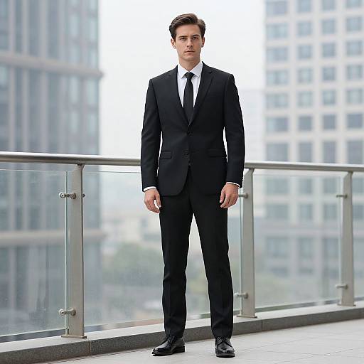 Young Man in Black Suit Standing on Urban Balcony