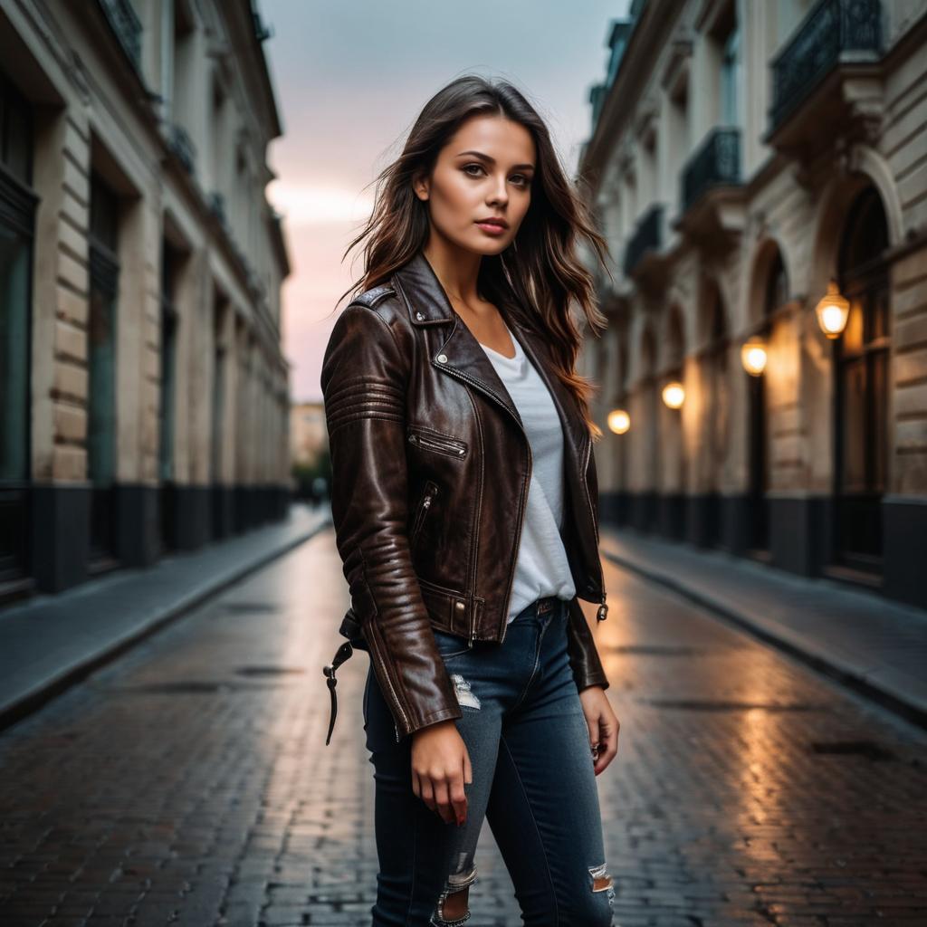 Young Woman in Leather Jacket on Historic Urban Street at Dusk