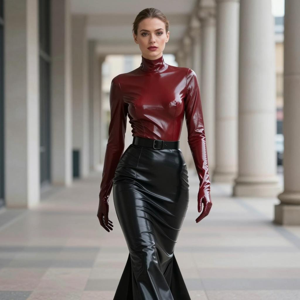 Fashionable Woman in Burgundy and Black Latex Outfit Walking Outdoors