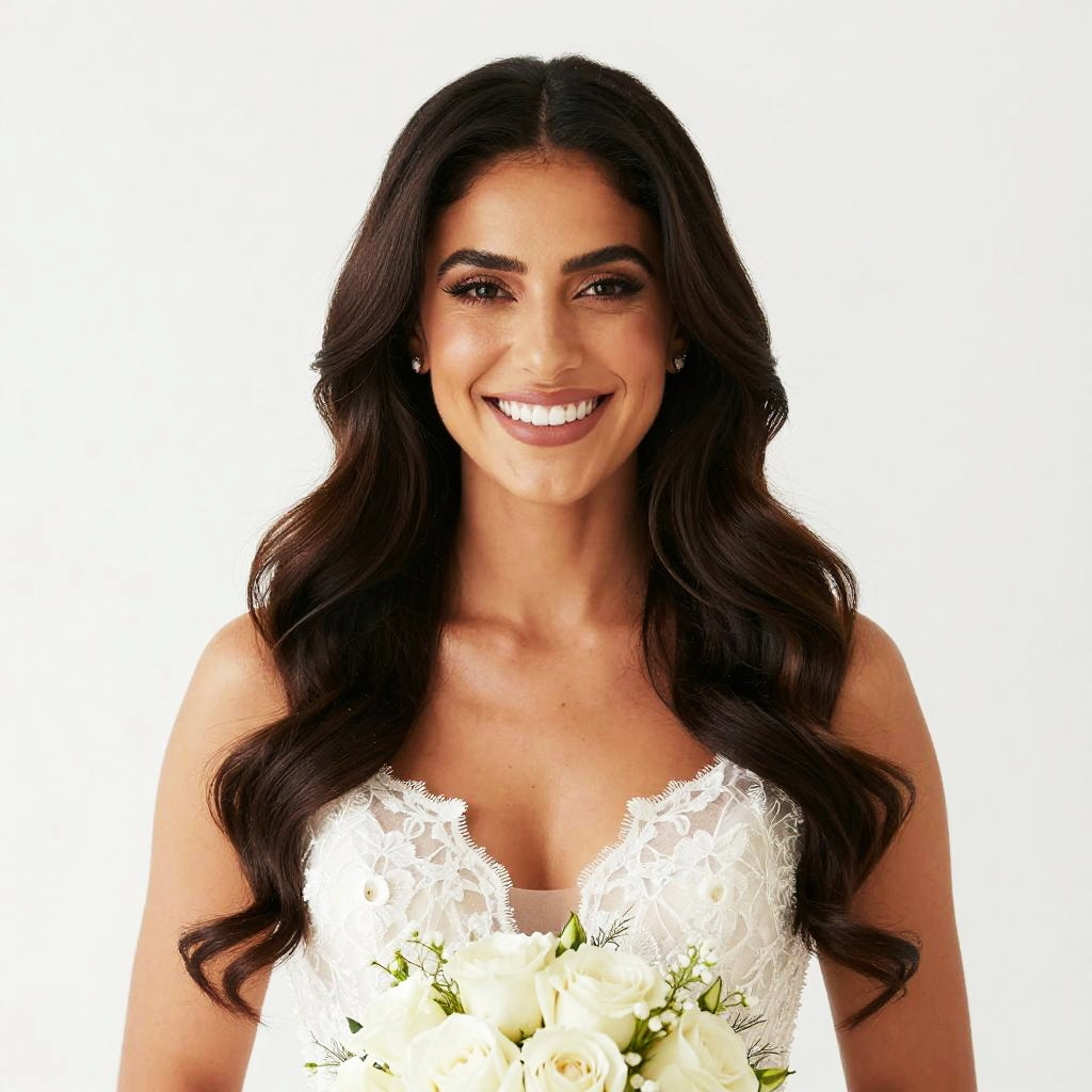 Smiling Woman in White Lace Dress Holding Bouquet of White Roses