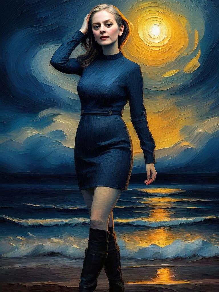 Confident Woman in Blue Dress by Moonlit Seascape Confident Woman in Blue Dress by Moonlit Seascape