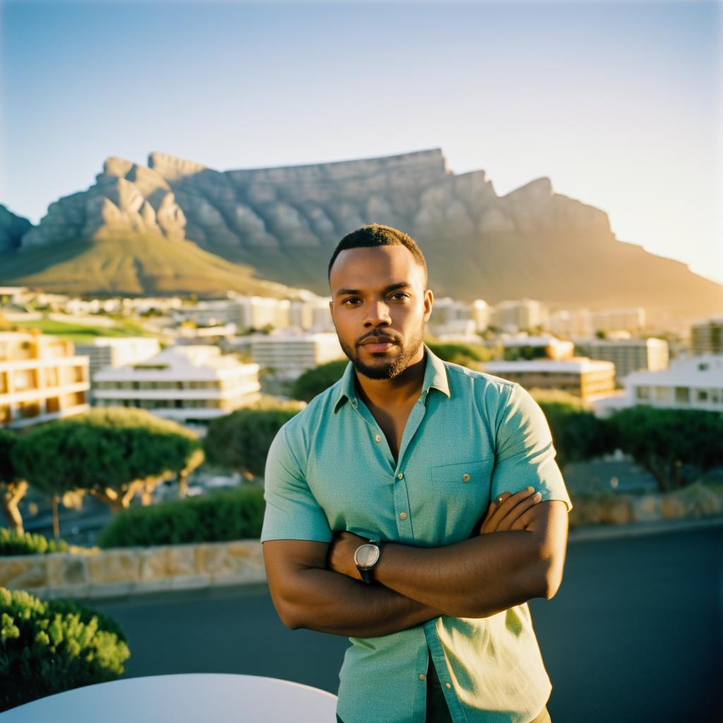 Confident Man Overlooking Cityscape at Sunset