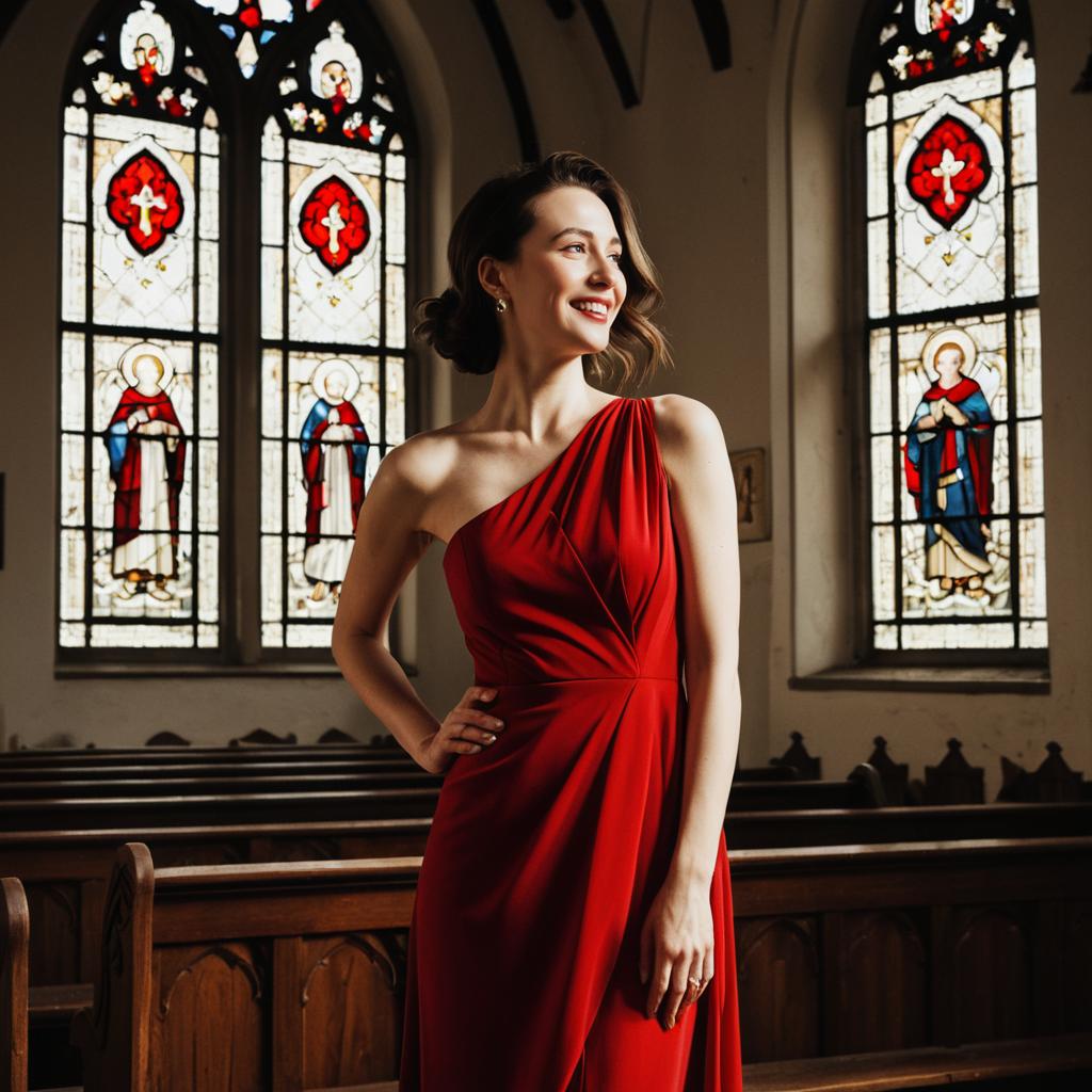 Woman in Red Gown at Church with Stained Glass