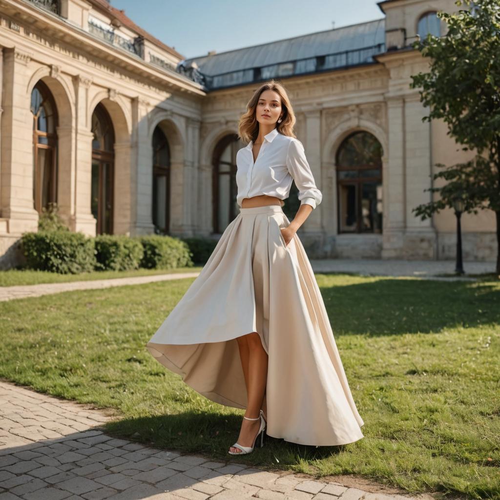 Woman in chic outfit with classical architecture