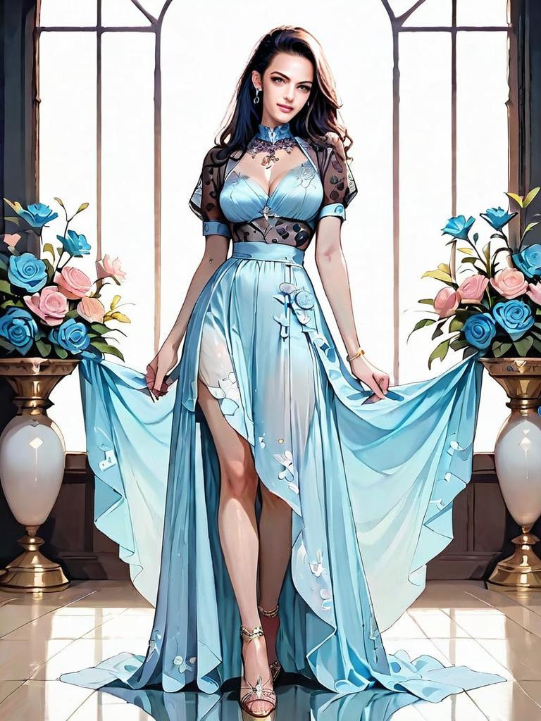 Elegant Woman in Sheer Black Mesh and Light Blue High-Slit Dress Realistic Artwork