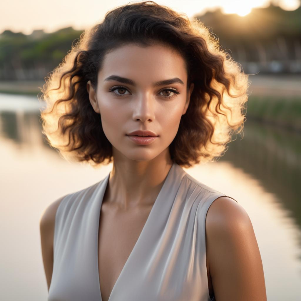 Young Woman with Curly Hair by Serene Lake