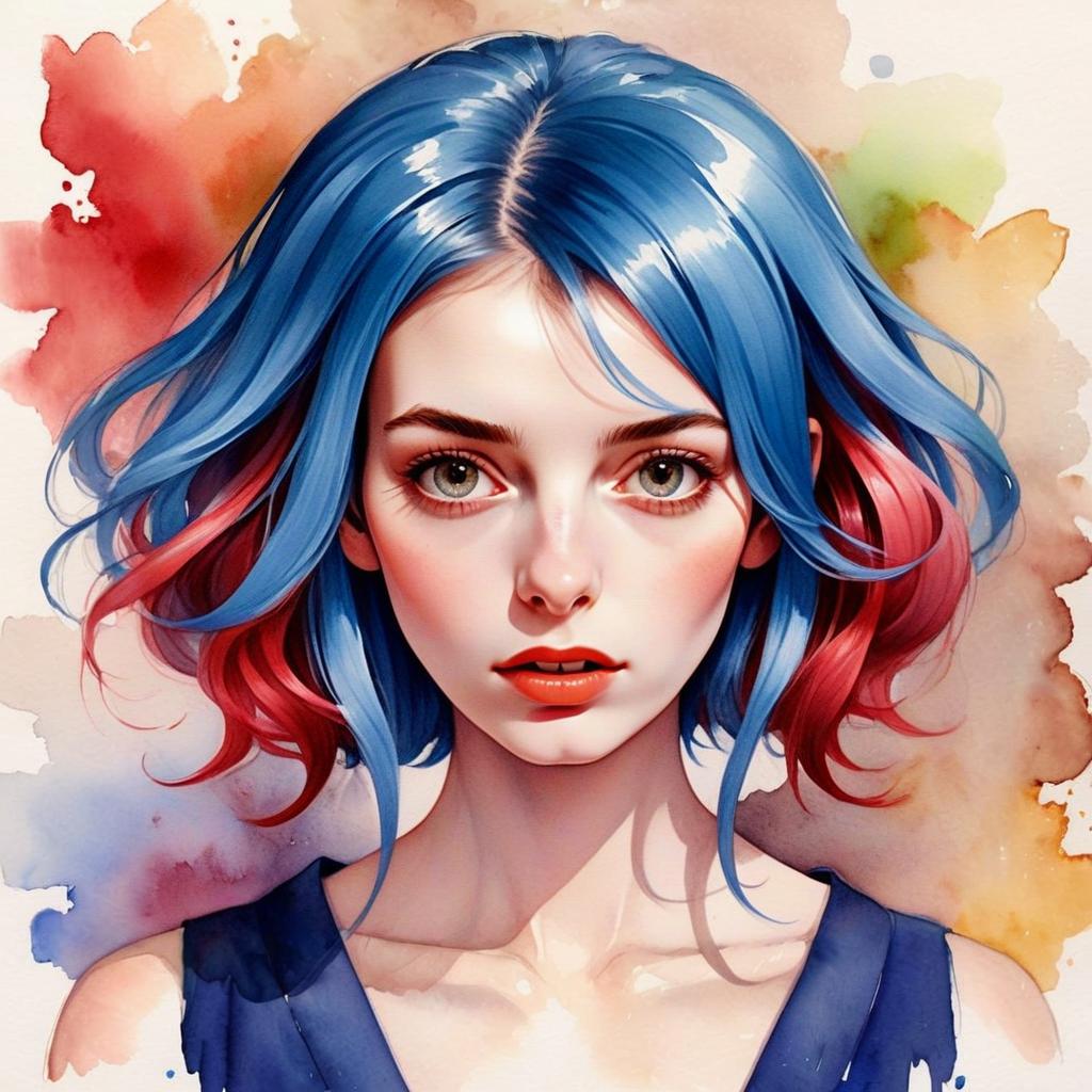 Digital Portrait of Woman with Blue and Pink Hair in Watercolor Style