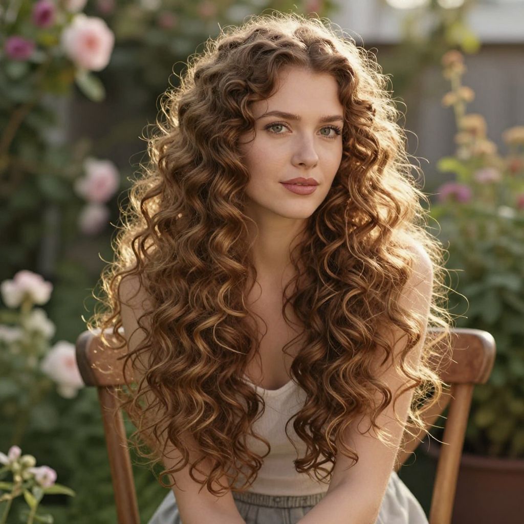 Young Woman with Long Curly Hair Sitting in Garden with Flowers