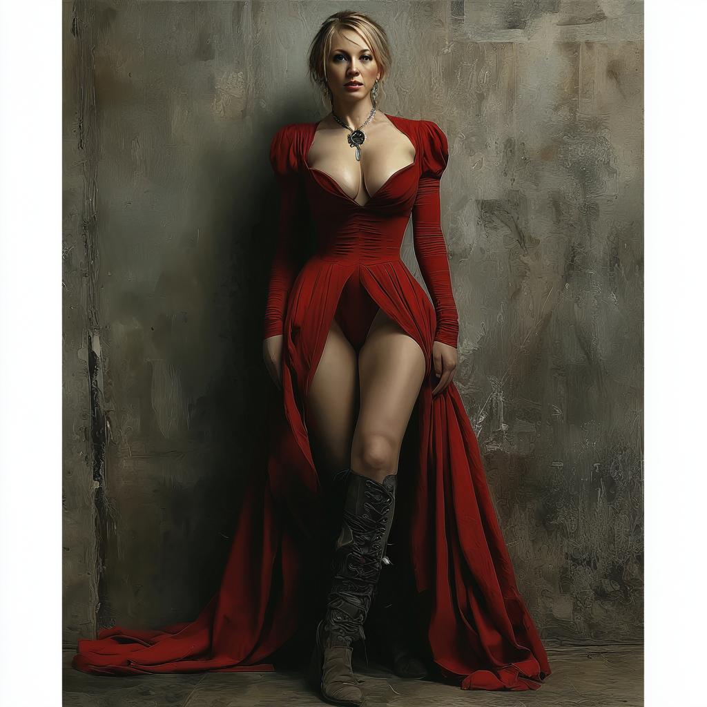 Confident Woman in Dramatic Red Dress and Lace-Up Boots