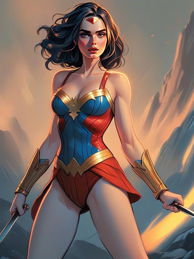 Stylized Digital Illustration of Woman as Wonder Woman Heroic Figure