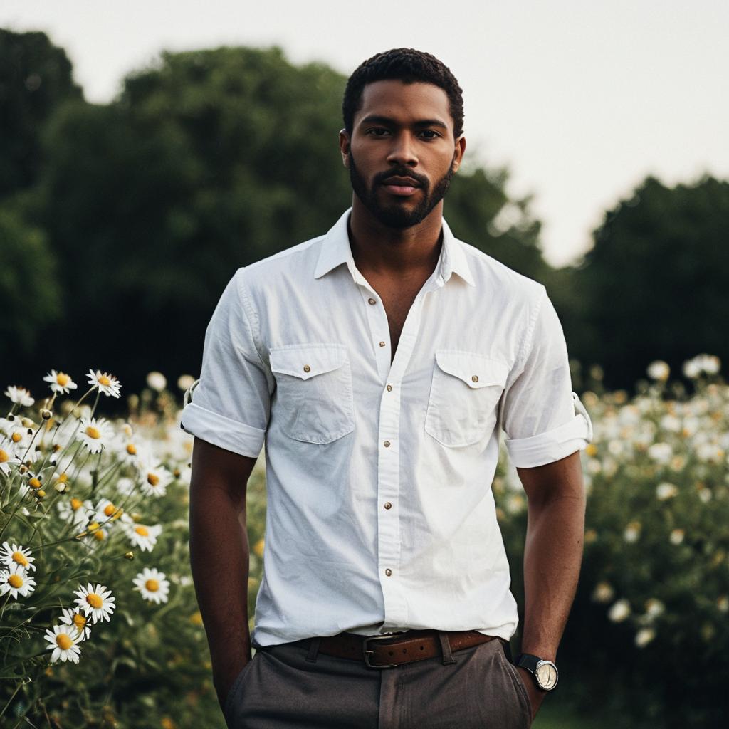 Man in White Shirt in Daisy Field