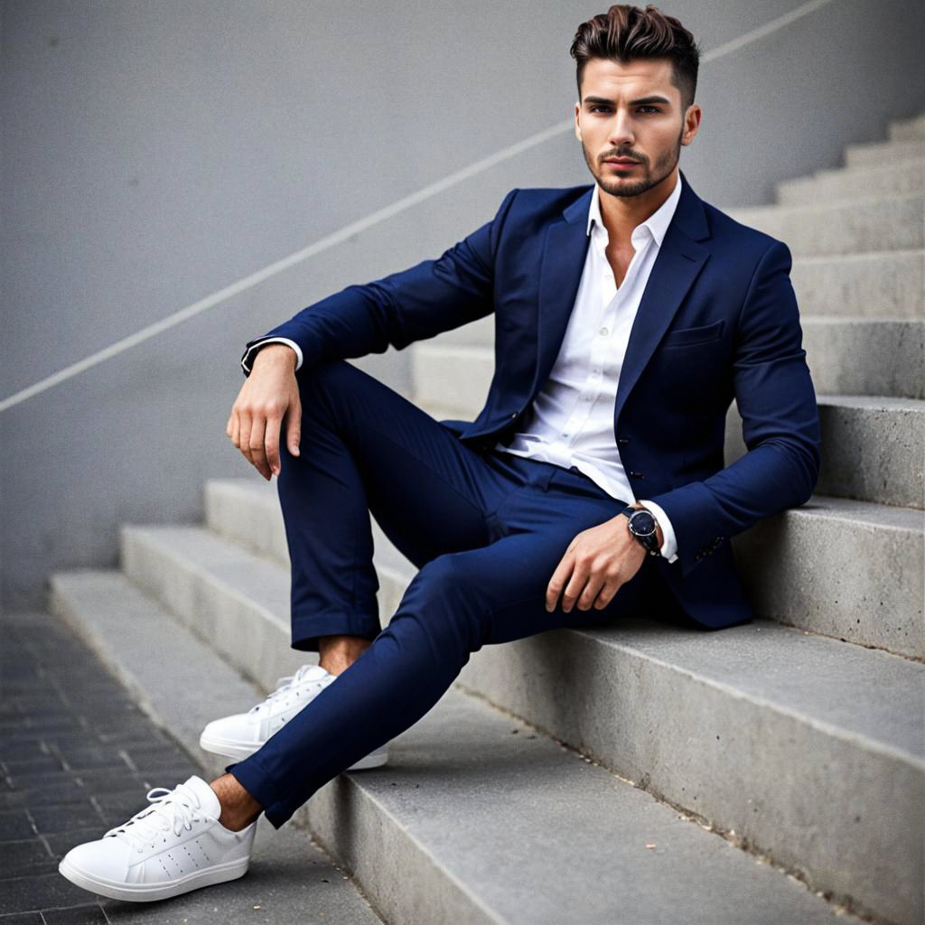 Stylish Man in Navy Suit with Sneakers