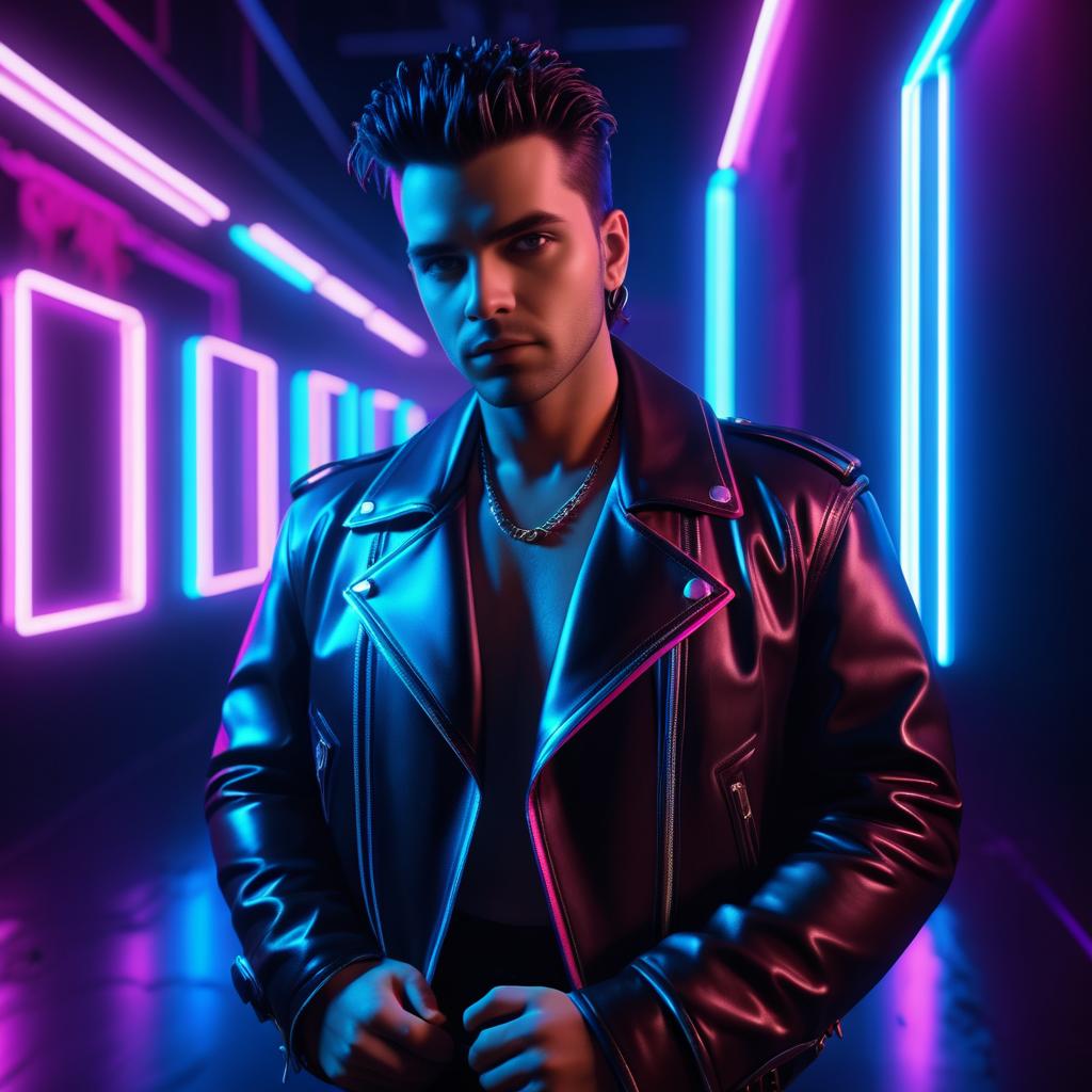 Confident Man in Black Leather Jacket with Neon Lights