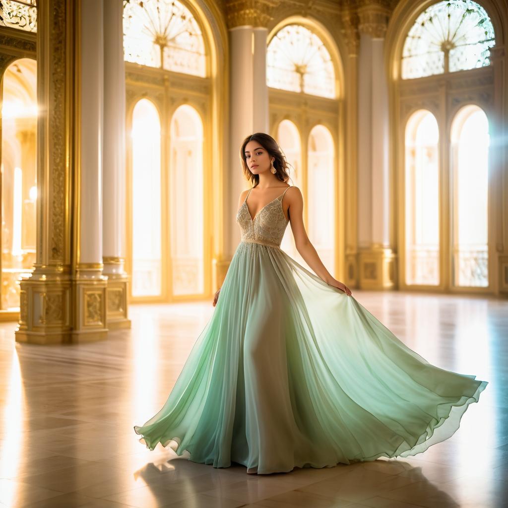 Elegant Woman in Mint Green Gown in Opulent Ballroom