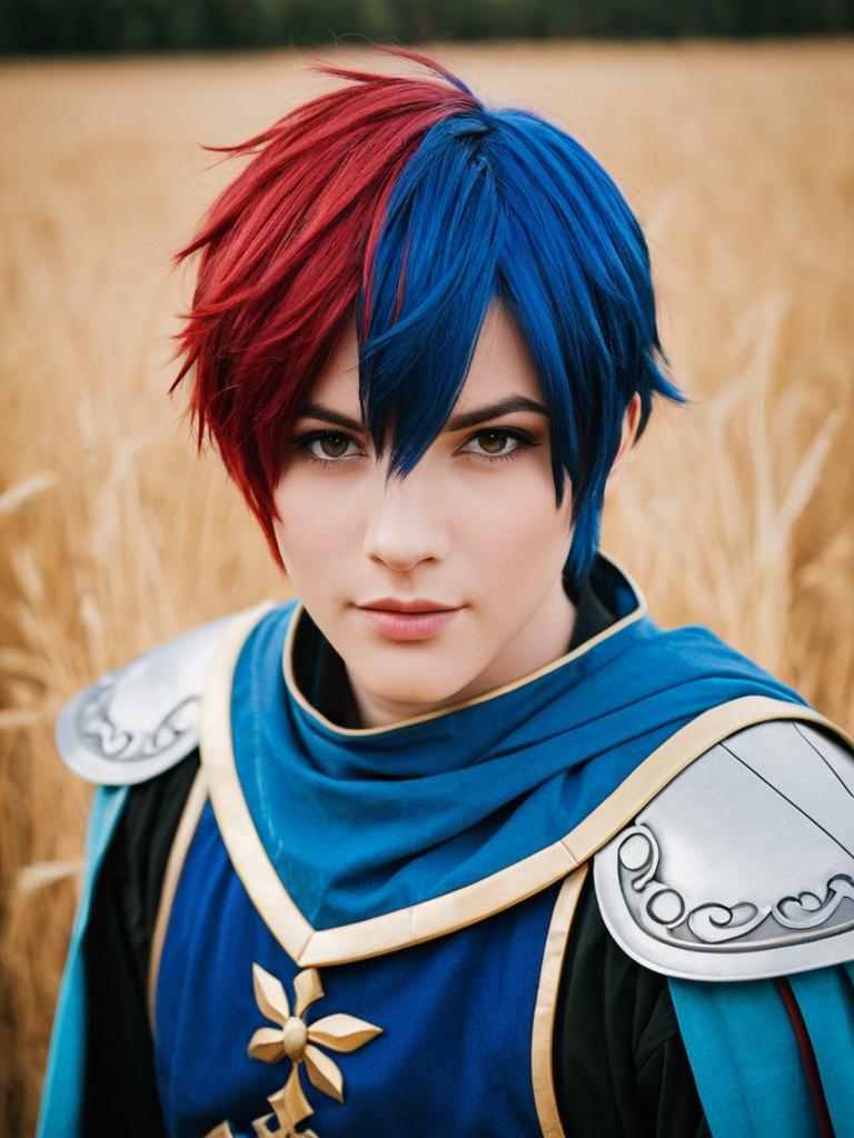 Male Cosplayer in Fire Emblem Inspired Costume with Red and Blue Hair