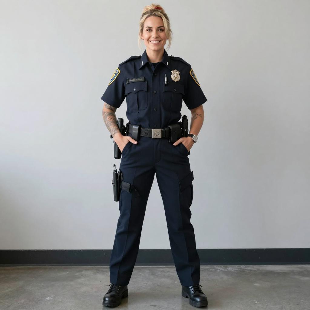 Portrait of Smiling Young Woman in Police Uniform with Tattoos