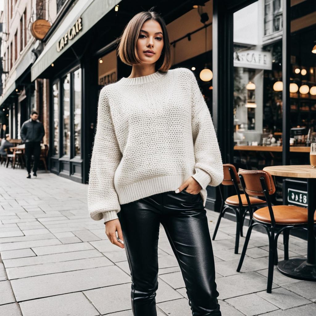 Chic Woman in White Knitted Sweater and Black Leather Pants Outside Café