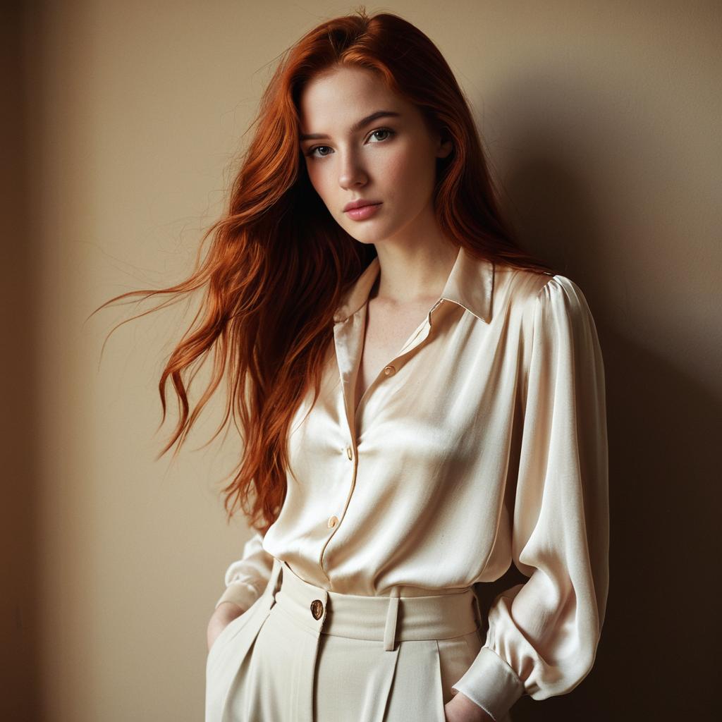 Elegant Young Woman in Cream Satin Blouse with Long Red Hair