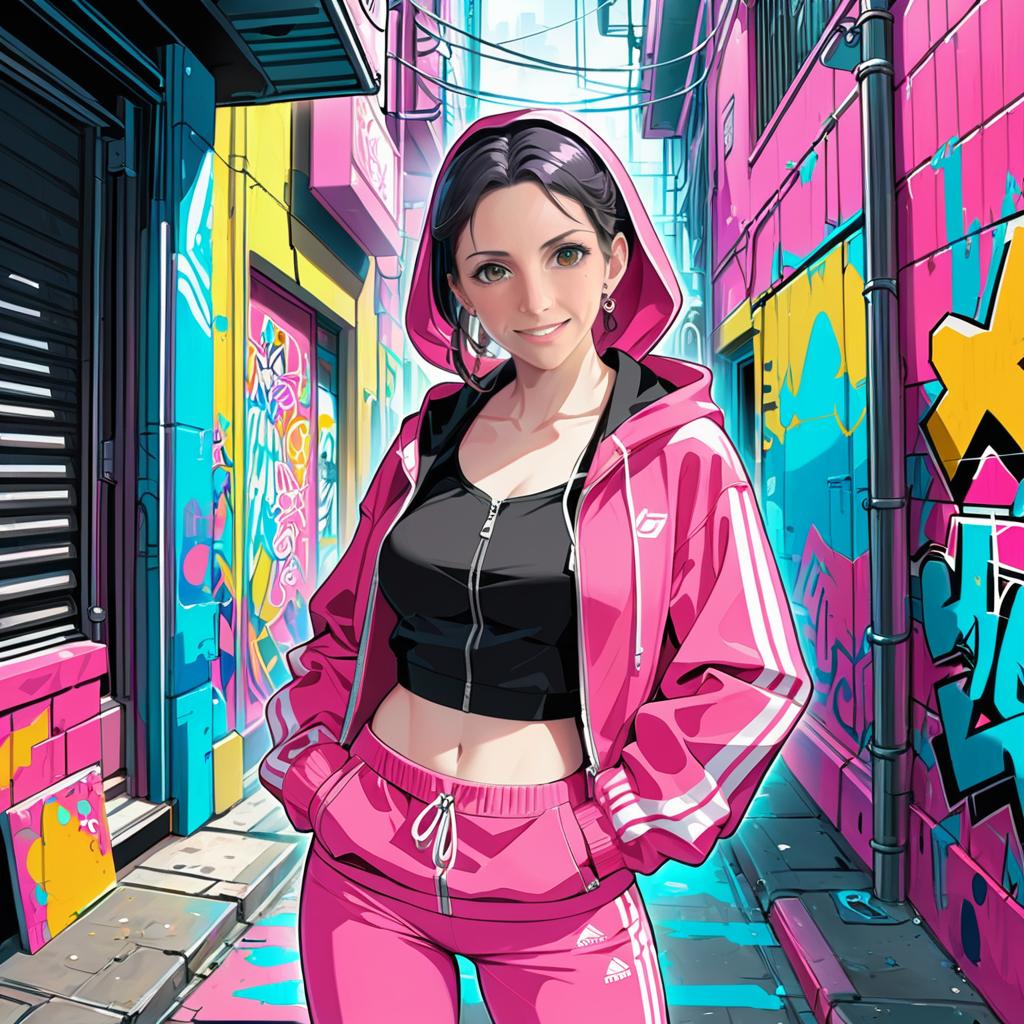 Confident Woman in Pink Tracksuit in Urban Alley