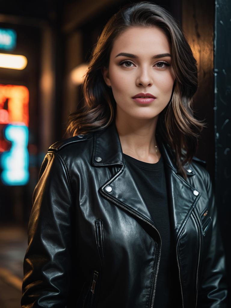 Confident Woman in Black Leather Jacket