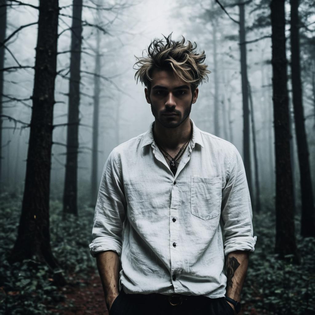 Young man in misty forest