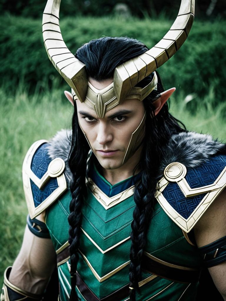 Loki Ragnarok Cosplay with Horned Helmet and Green Armor