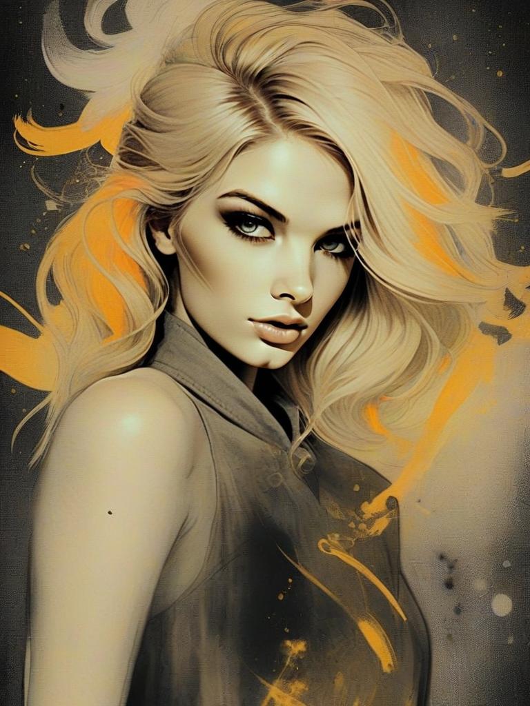 Striking Woman with Blonde Hair and Orange Brush Strokes
