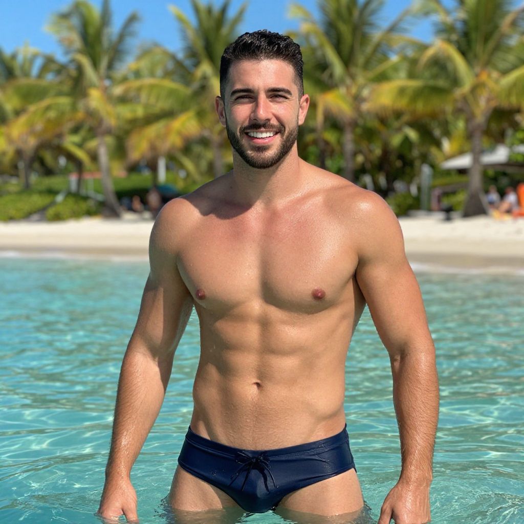 Smiling Young Man in Navy Swim Trunks at Tropical Beach