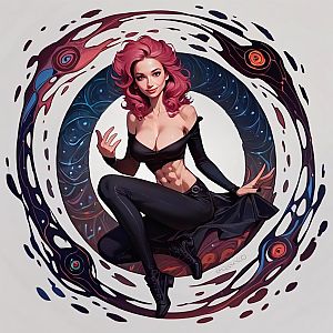 Confident Woman with Pink Hair in Abstract Cosmic Art