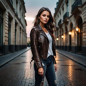 Young Woman in Leather Jacket on Historic Urban Street at Dusk