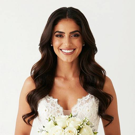 Smiling Woman in White Lace Dress Holding Bouquet of White Roses