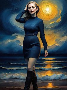 Confident Woman in Blue Dress by Moonlit Seascape