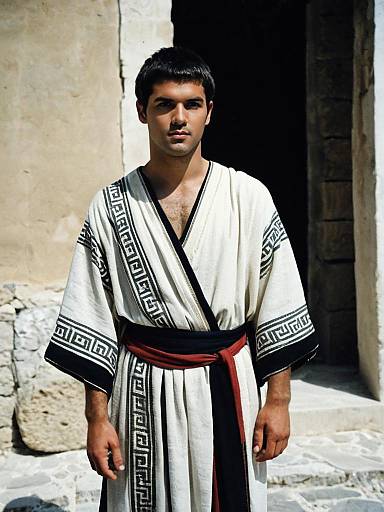 Young Man in Traditional Greek Costume with Geometric Patterns