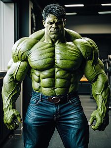 Photorealistic Muscular Man in Hulk Cosplay Costume Portrait