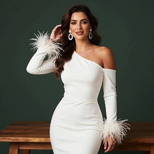 Elegant Woman in White Off-Shoulder Dress with Feather Cuffs