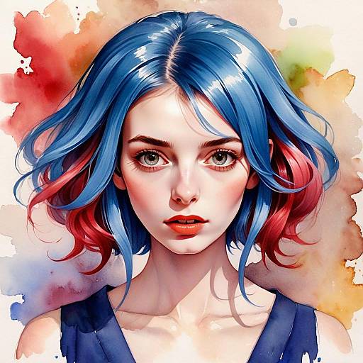 Digital Portrait of Woman with Blue and Pink Hair in Watercolor Style